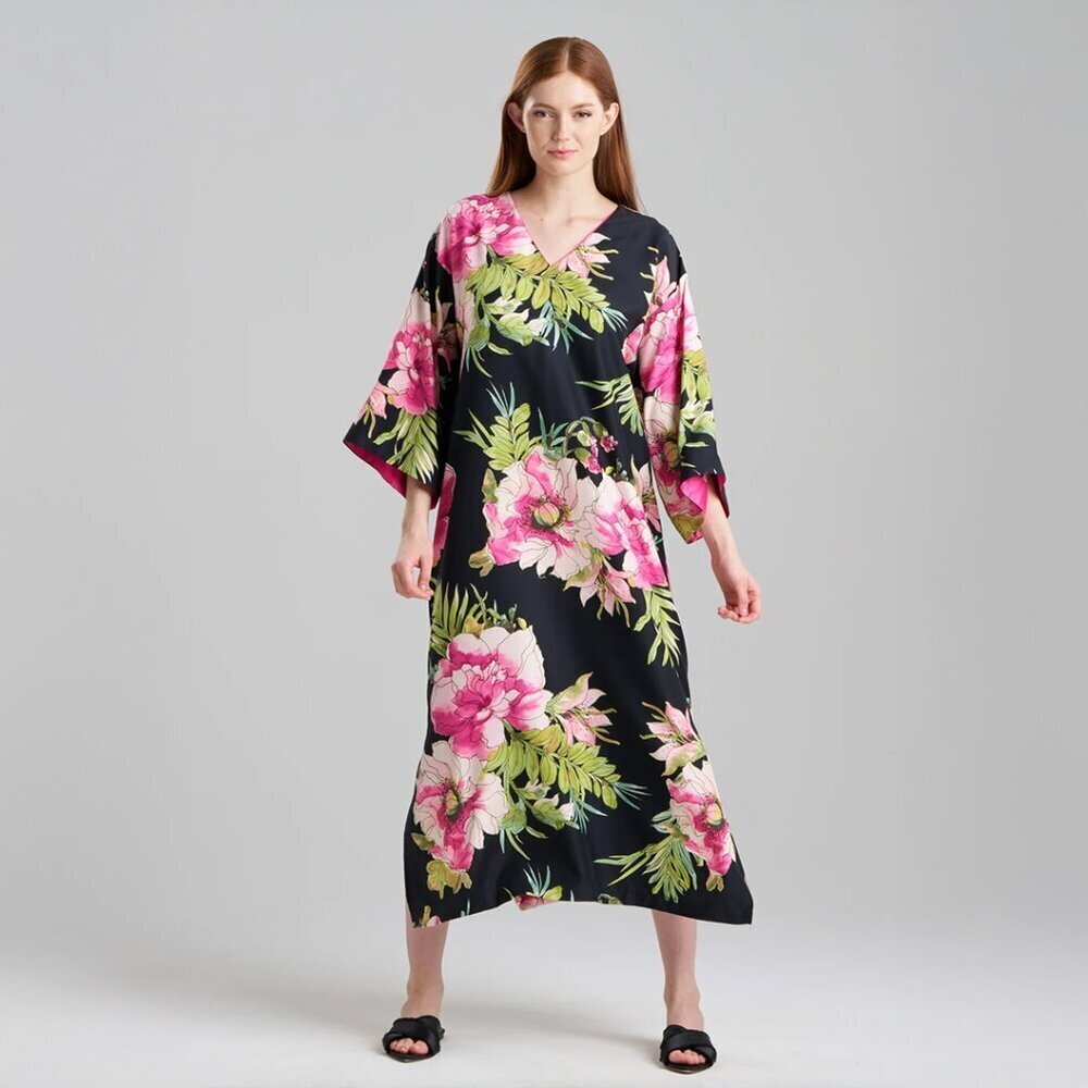 NWT $195 NATORI Sonomi Black & Pink Floral Satin Caftan Sleep Lounge Luxe LARGE